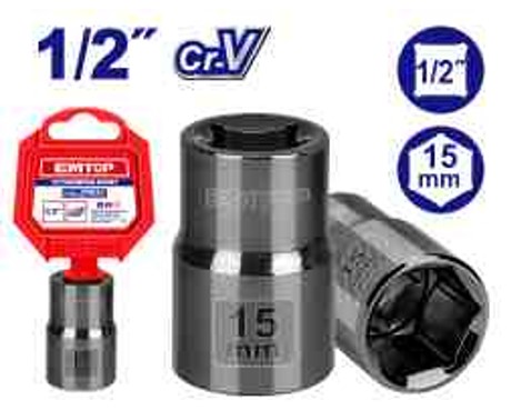 Professional 1/2" 6pt 15mm Hexagonal Socket Heat Treated - Black Nickel Plated 50BV30 Material Quality Tool Plastic Hanger Packed Precision